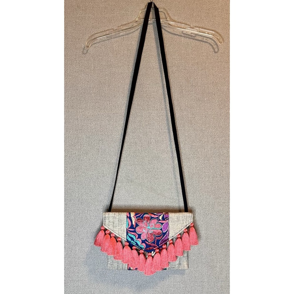 Handmade Mexican Floral Colorful Embroidered Pom Pom Clutch Purse Crossbody Bag - Picture 2 of 9